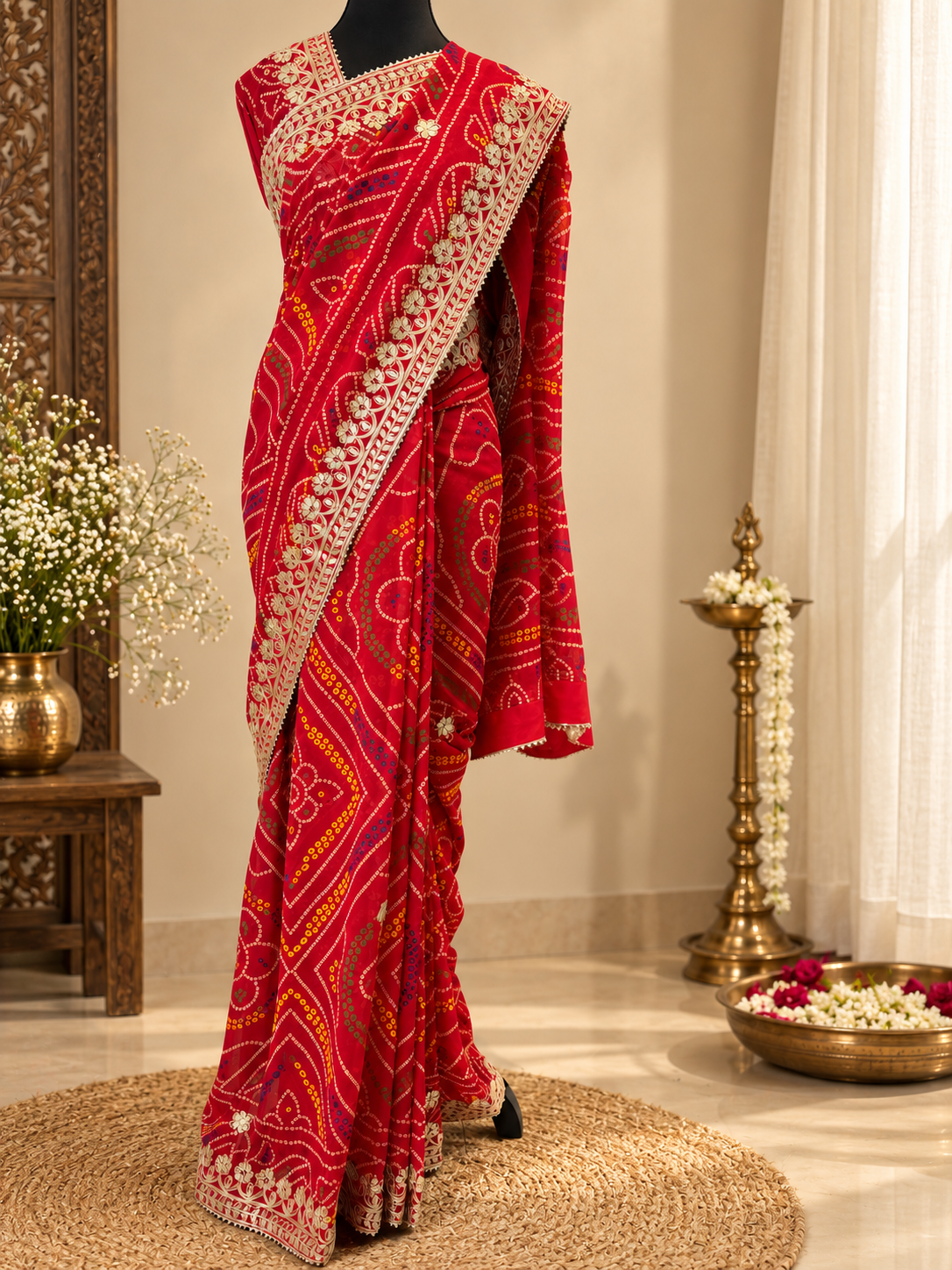 Red Bandhani Heavy Gotta Patti Georgette Handwork Saree