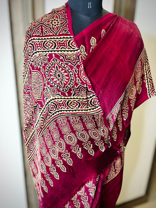 Pure Modal Silk Ajrakh- Plum