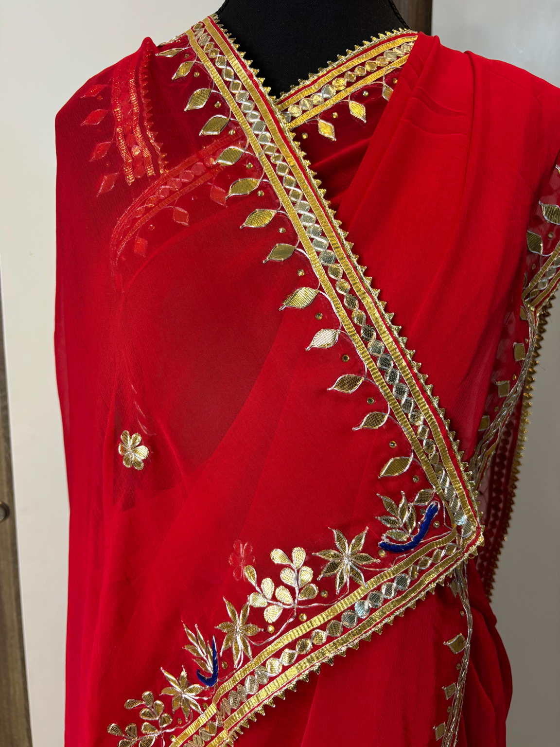 Red Pure Chiffon Zero HandGotta Patti Work Saree