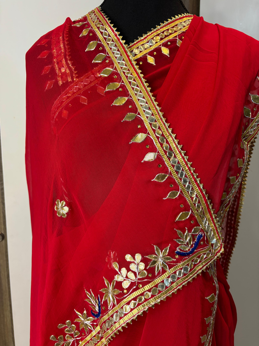 Red Pure Chiffon Zero HandGotta Patti Work Saree