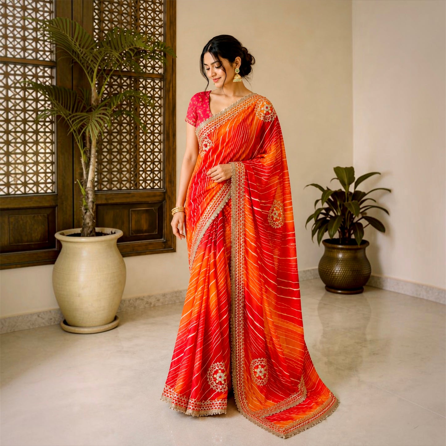 Sindoor Rajputi Chiffon Leheriya Gotta Patti Saree