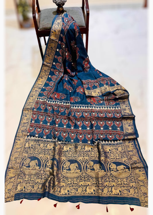 Pure Modal Silk Handblock Ajrakh Mirror Work Saree- Indigo