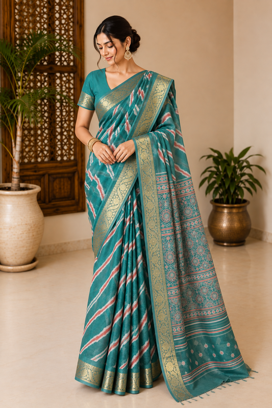 Teal Green Designer Pure Chiffon Banarasi Border Lehariya Saree