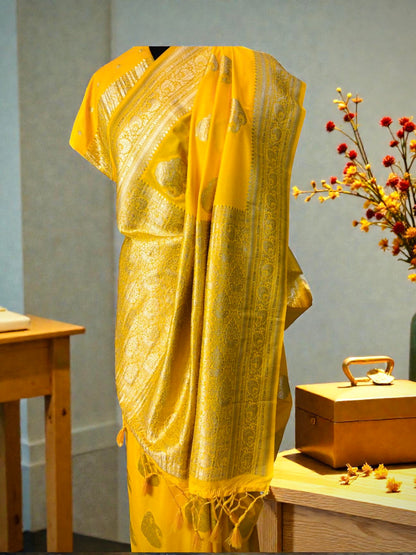 Yellow Khaddi Georgette Buta Banarasi Saree