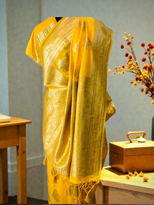 Yellow Khaddi Georgette Buta Banarasi Saree