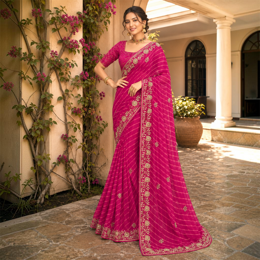 Rajputi Chiffon Hand Embroidered Lehariya Saree- Pink
