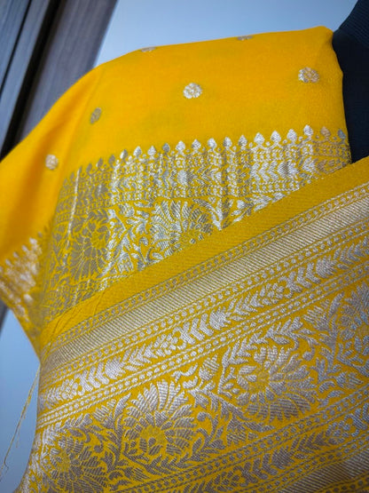 Yellow Khaddi Georgette Buta Banarasi Saree