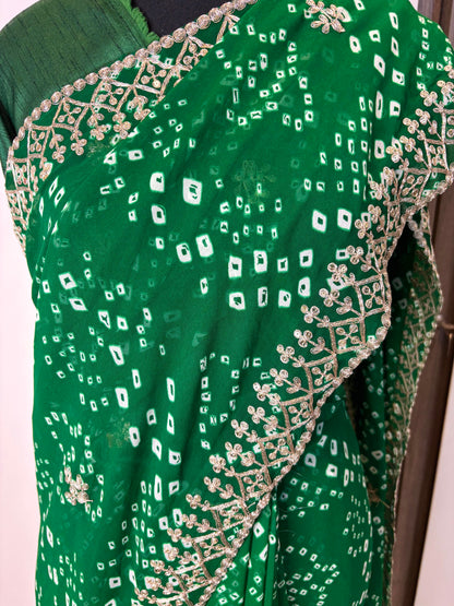 Green Pure Georgette Pittan Handwork Bandhani Saree