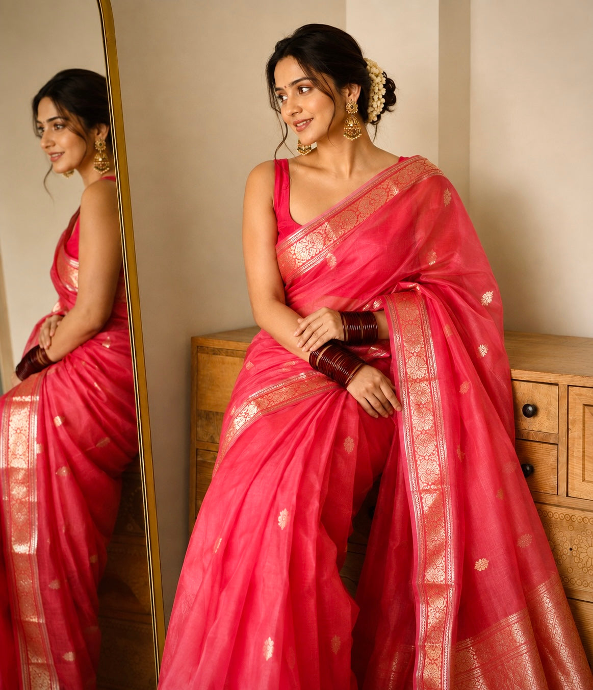 Fuchsia Pink Pure Kora Handloom Banarasi Saree - Sona Roopa Alfi Kadua Boota
