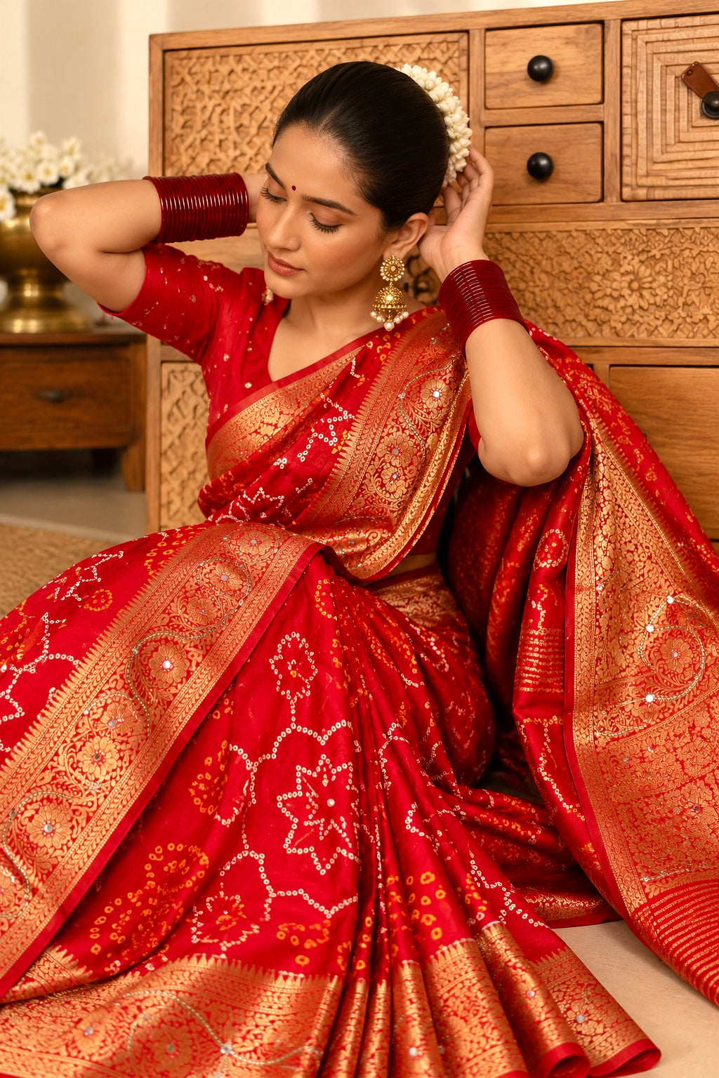 Red Bandhani Pure Russian Crepe Silk Cutdana Handwork Saree