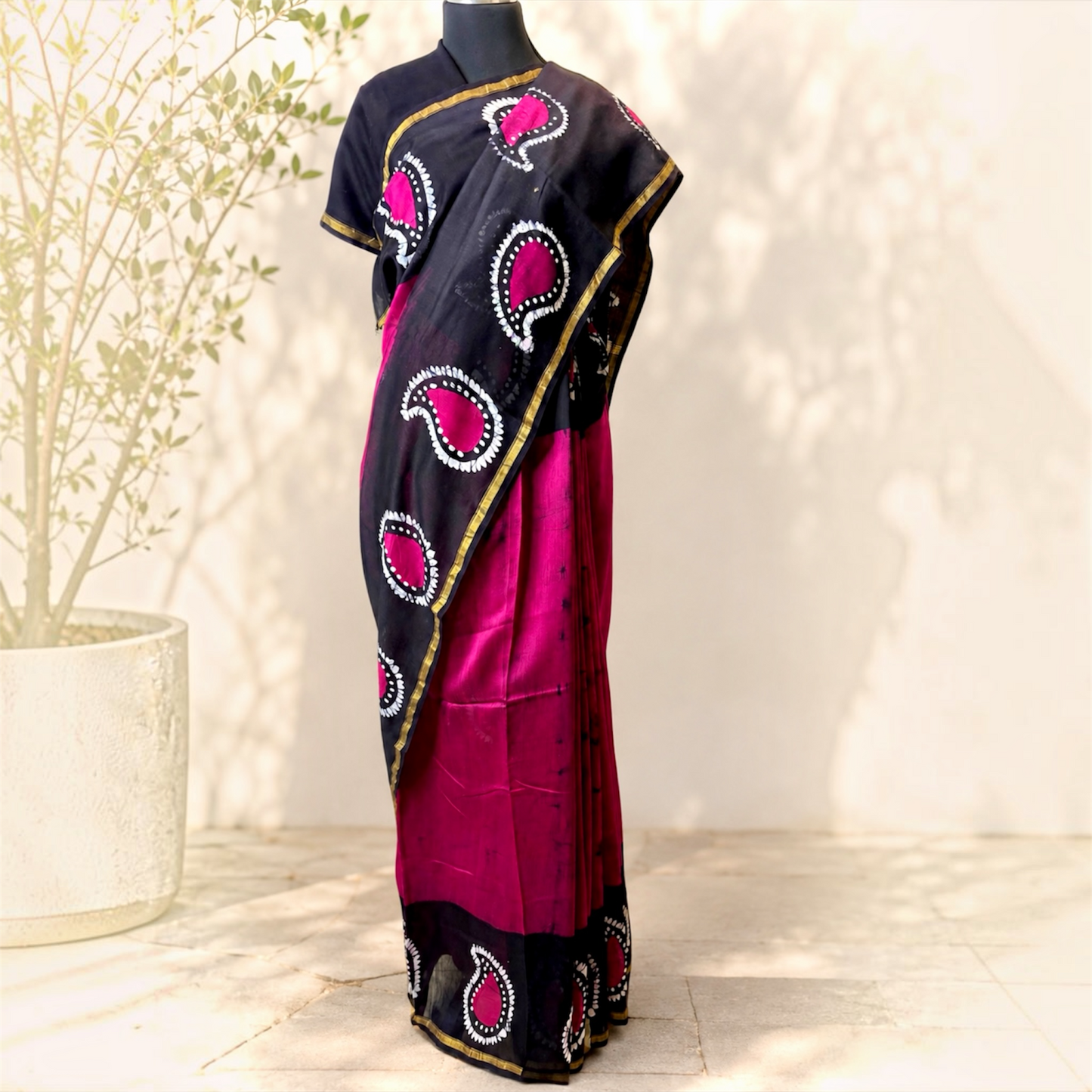 Pure Chanderi Silk Handblock Print Saree- Wine