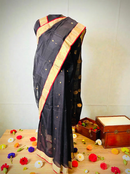 Black Pure Handloom Cotton Silk Chanderi Saree