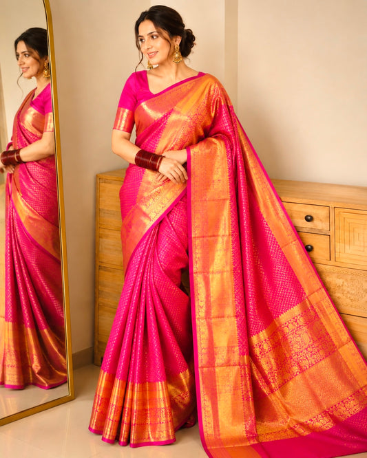 Pure Brocade Kanjivaram Rani Pink Silk Saree with Gold Zari- Silk Mark Certified