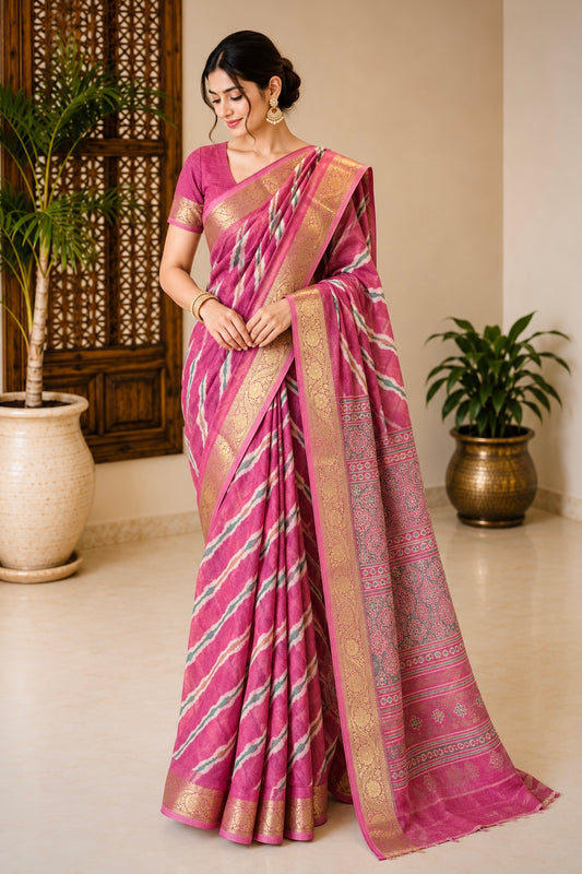 Magenta Pink Designer Pure Chiffon Banarasi Border Lehariya Saree