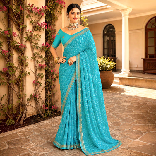 Turquoise Blue Chiffon Mothra Saree with Designer Embroidered blouse