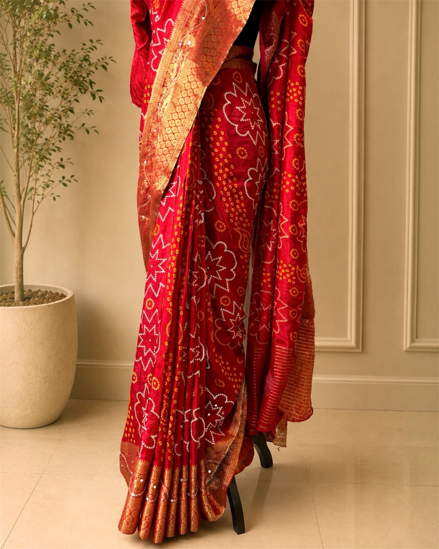 Red Bandhani Pure Dola Silk Cutdana Handwork Saree