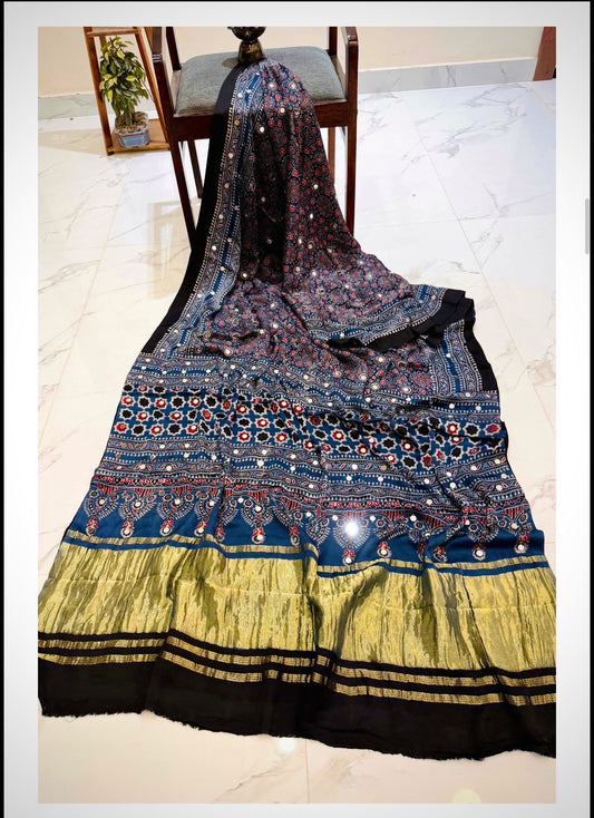 Pure Modal Silk Handblock Ajrakh Mirror Work Saree- Blue Tara