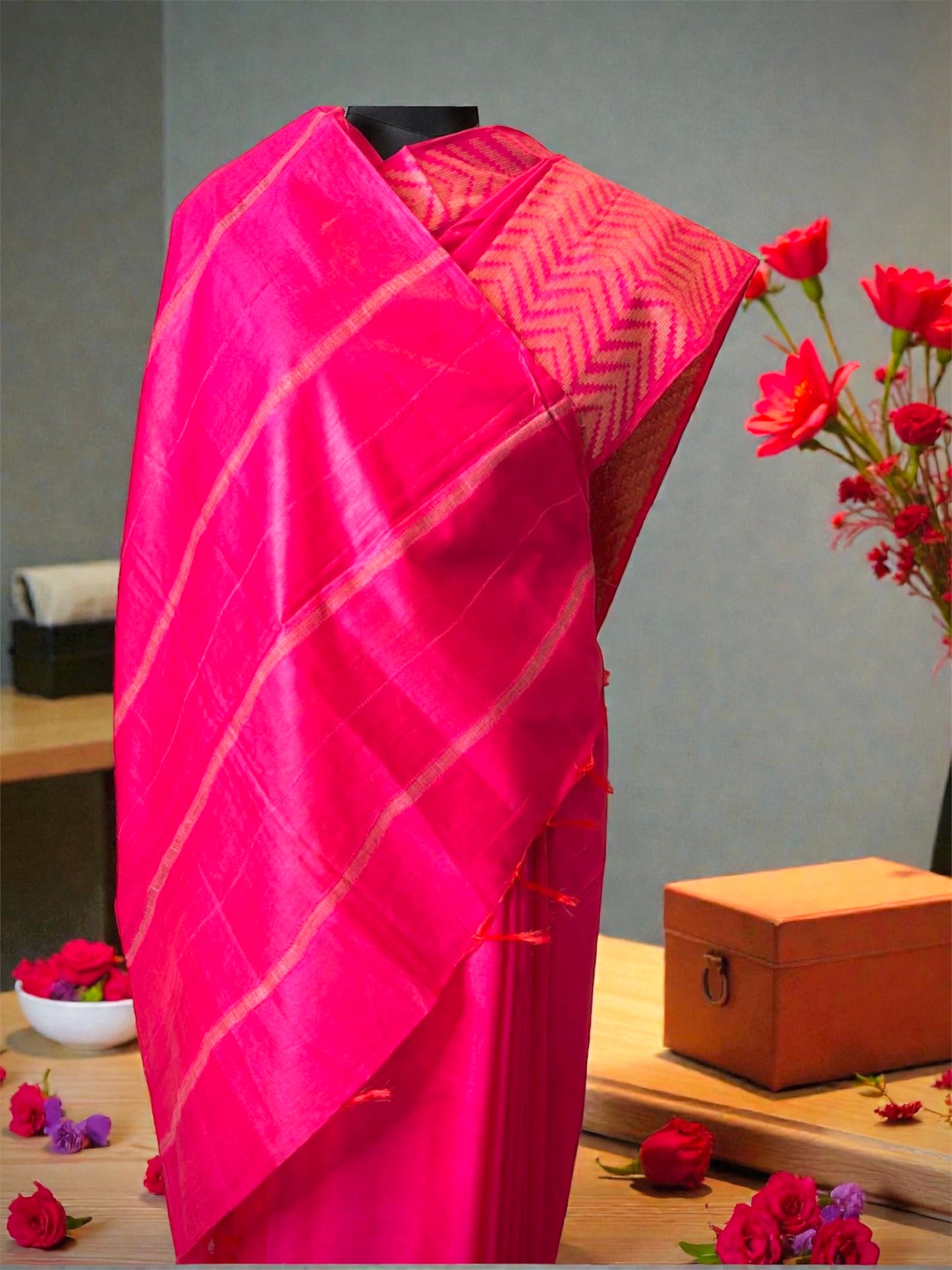 Fuchsia Pink Bhagalpuri Handwoven Tussar Silk Saree