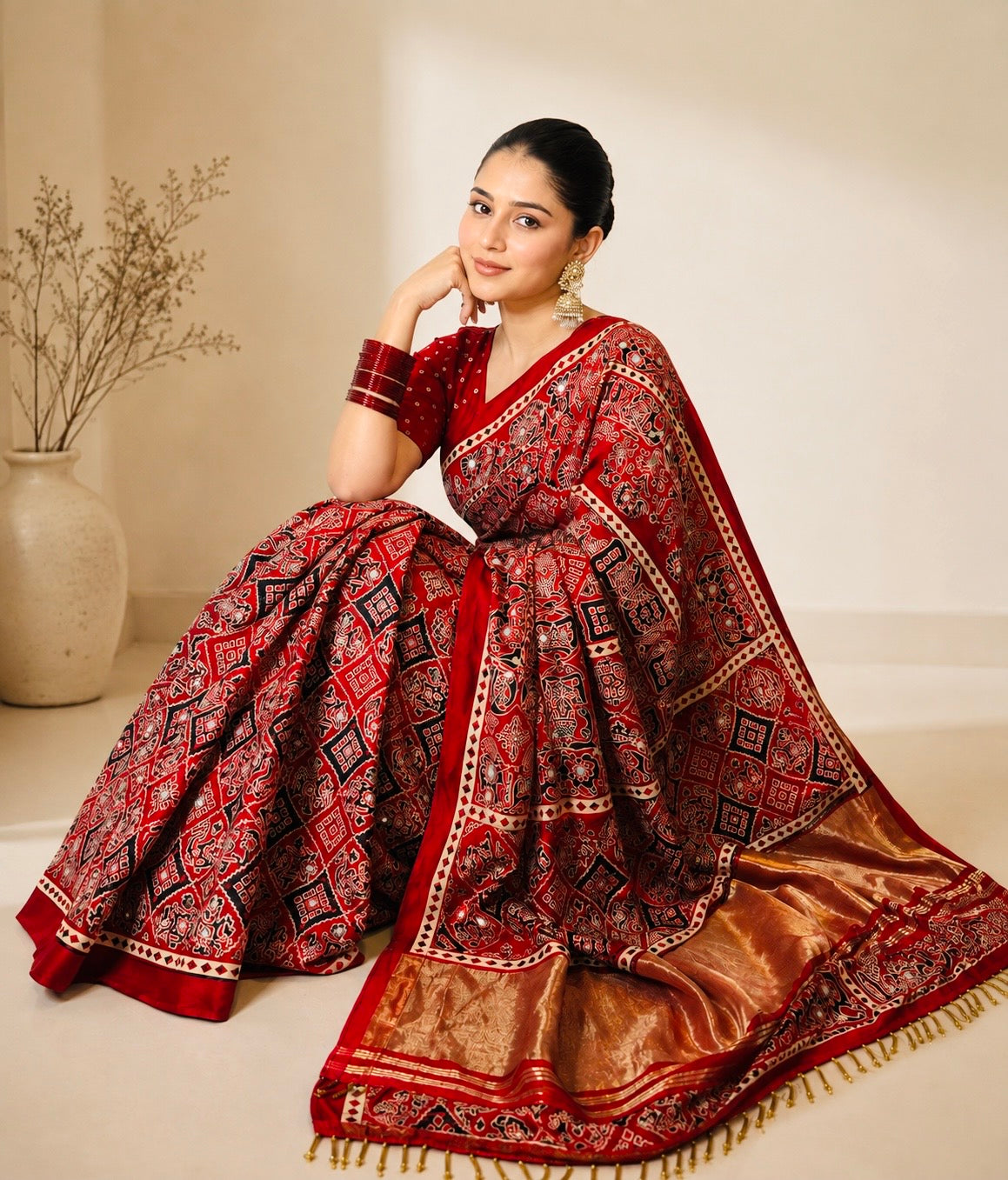 Red Pure Modal Handblock Ajrakh Mirror Work Saree