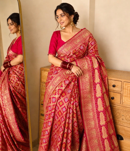 Pure Viscose Khaddi Georgette Gharchola Saree- Rani Pink