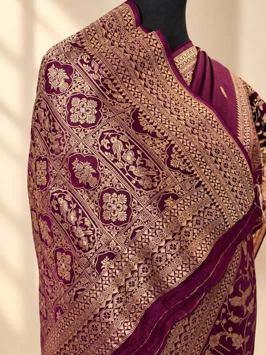 Wine Designer Pure Russian Crepe Silk Saree
