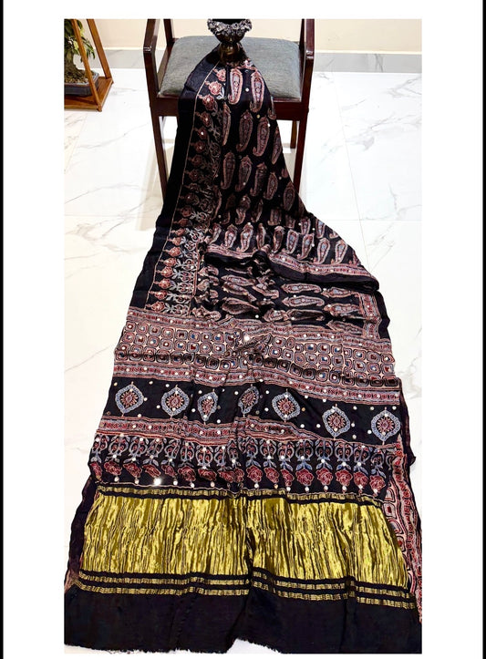 Pure Modal Silk Handblock Ajrakh Mirror Work Saree- Black