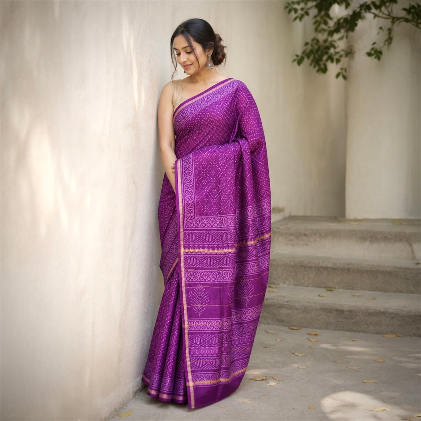 Pure Chanderi Silk Handblock Print Saree- Purple