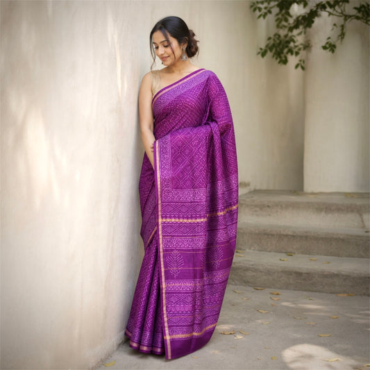 Pure Chanderi Silk Handblock Print Saree- Purple