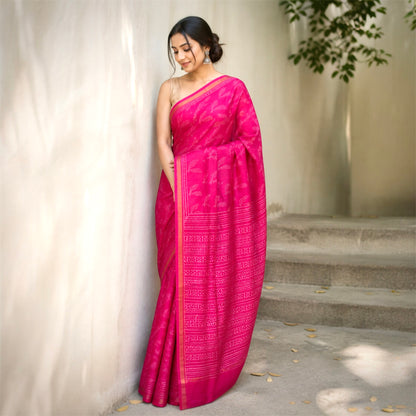 Pure Chanderi Silk Handblock Print Saree- Rani Pink