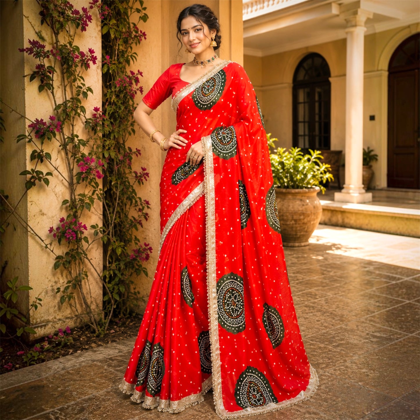 Laddu Bandhej Bandhani Crepe Saree- Red