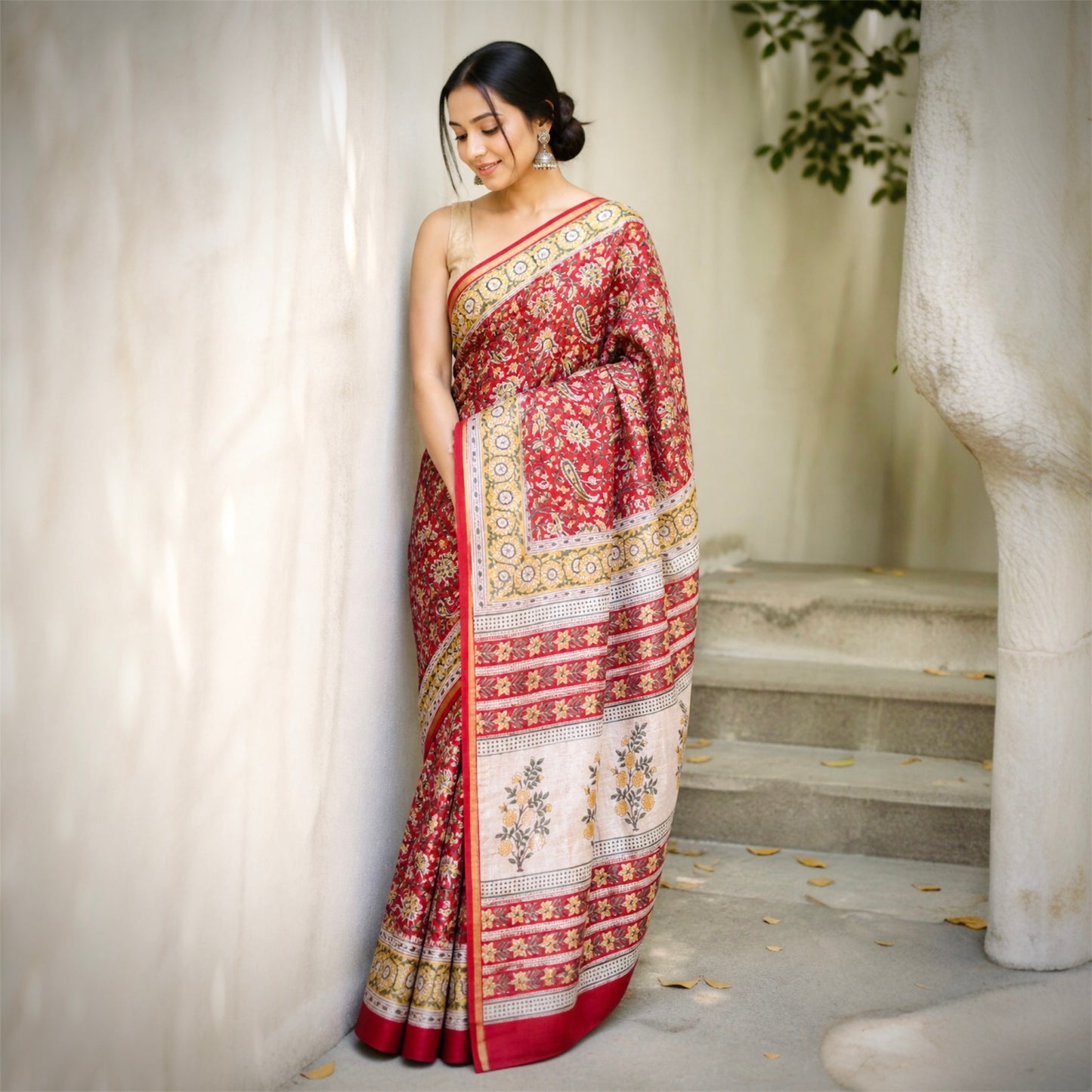 Pure Chanderi Silk Handblock Print Saree- Red