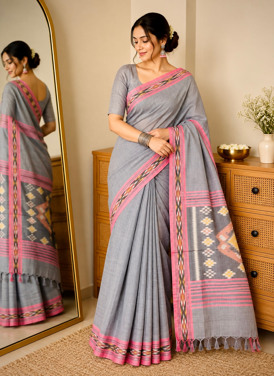 Pochampally Ikat Pure Handloom Mercerised Cotton Saree- Grey