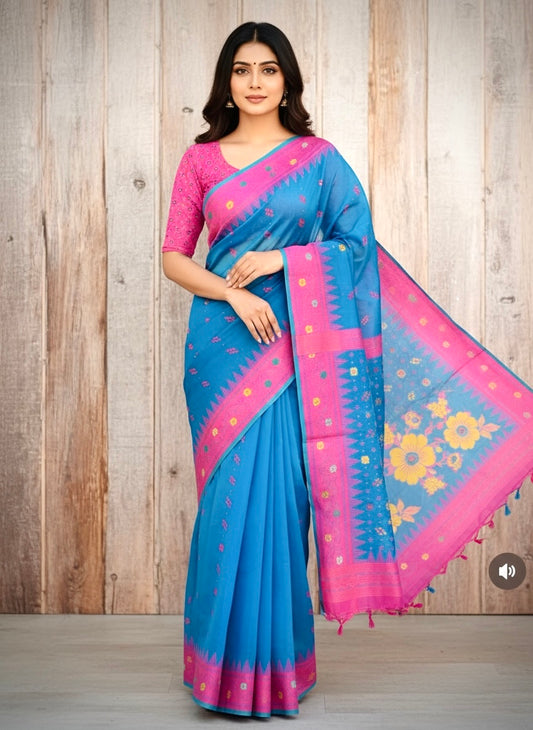 Bengal Tant Cotton Handloom Saree- Blue