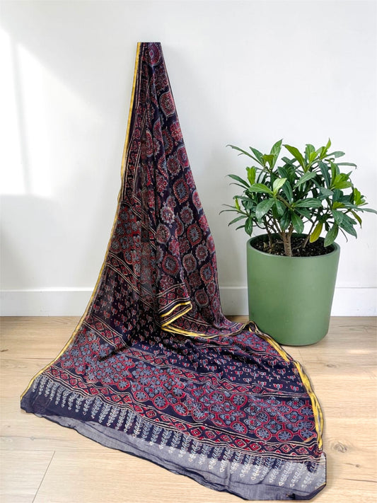 Pure Double Diamond Chiffon Handblock Print Saree- Blue