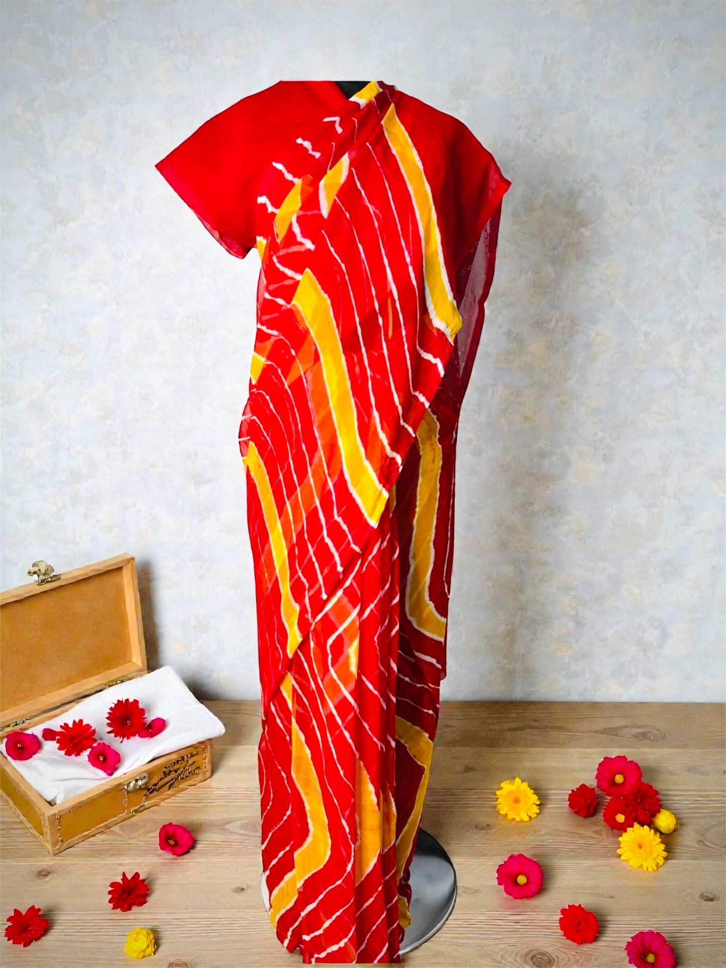 Red Pure Chiffon Hand Bandhej Lehriya Saree