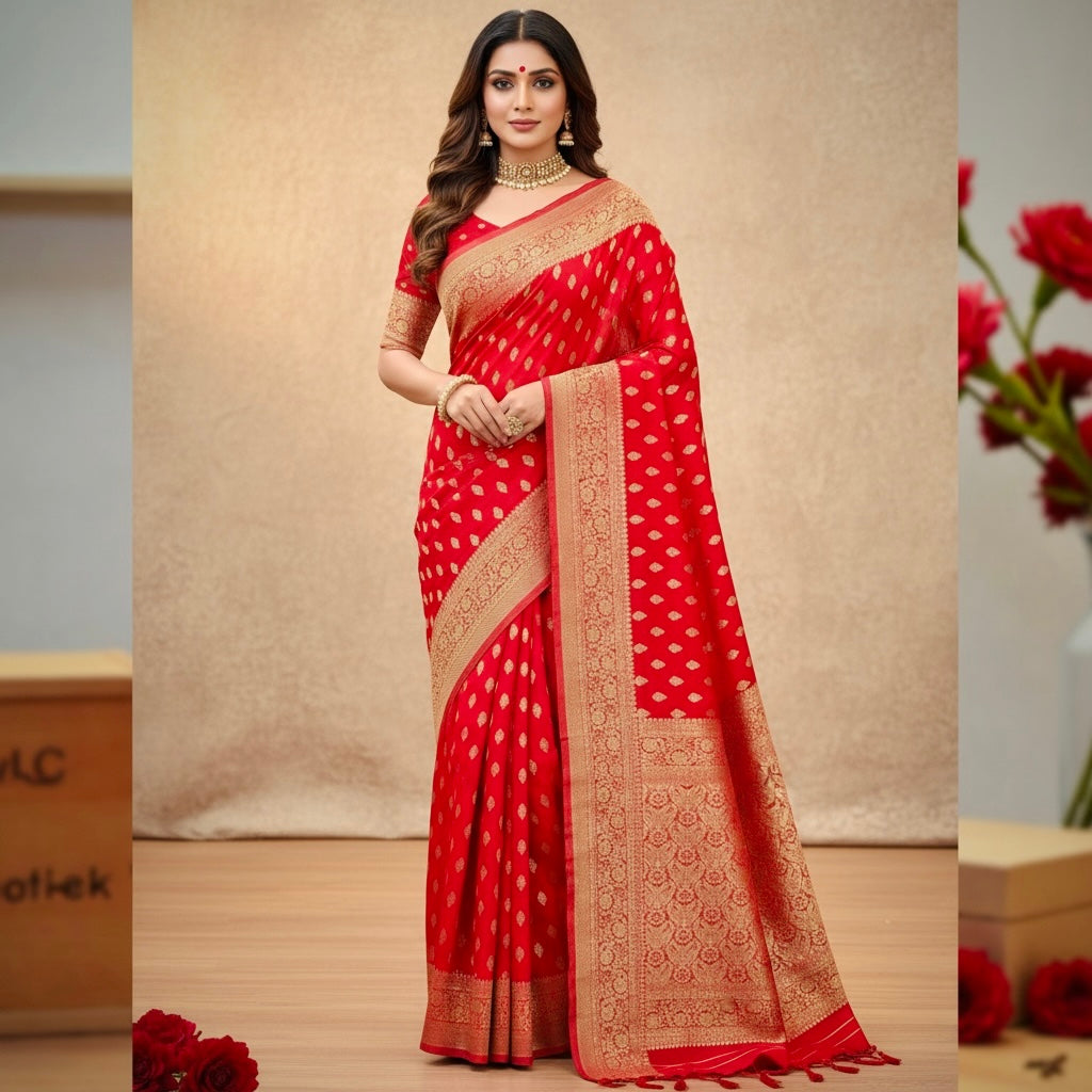 Pure Handloom Khaddi Georgette Kadwa Butta Banarasi Saree- Red