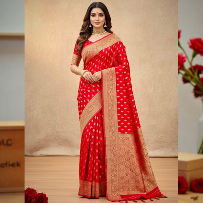 Pure Handloom Khaddi Georgette Kadwa Butta Banarasi Saree- Red