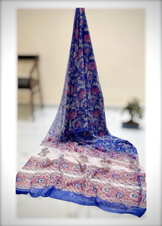 Pure Double Diamond Chiffon Handblock Print Saree