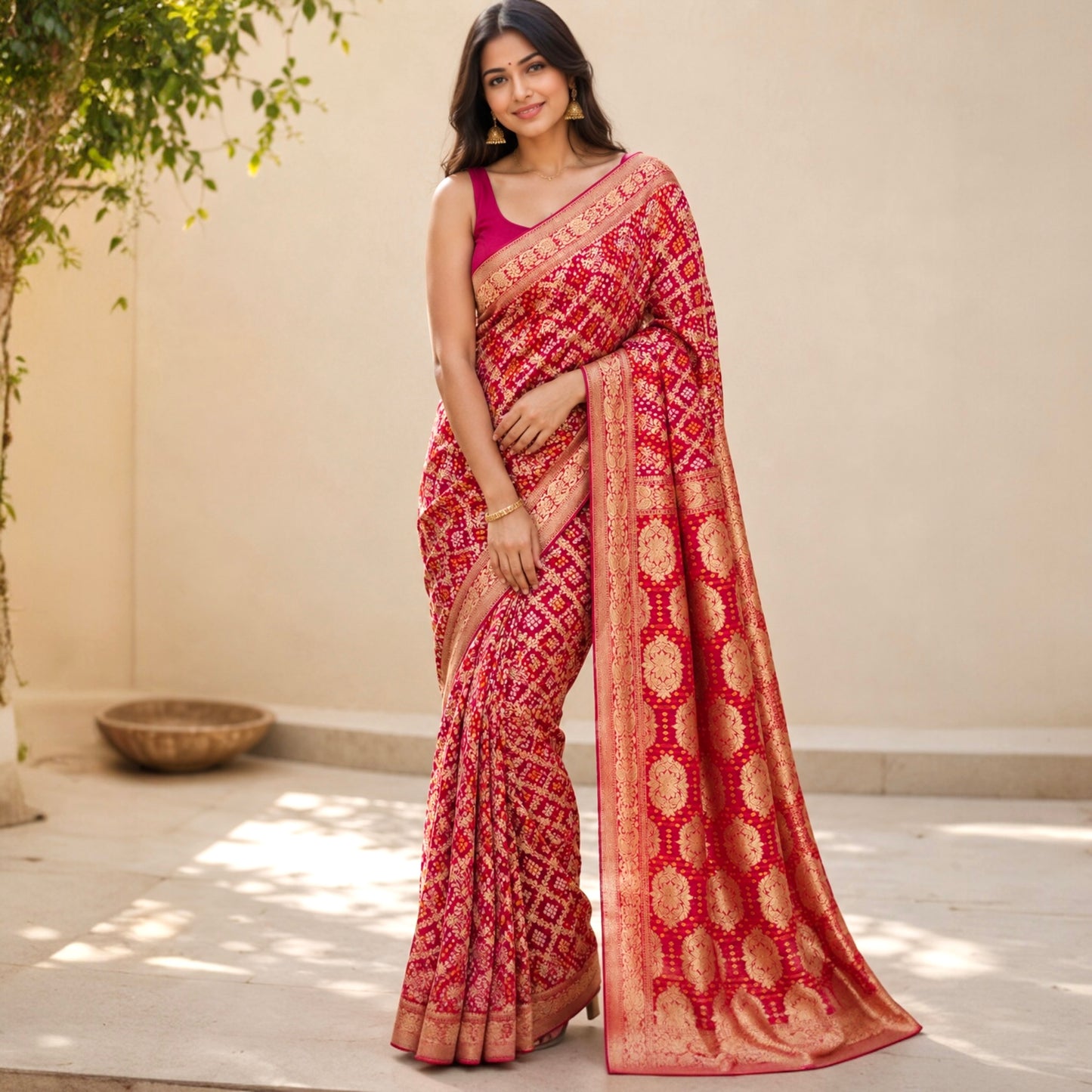 Pure Viscose Khaddi Georgette Gharchola Neemzari Saree- Rani Pink