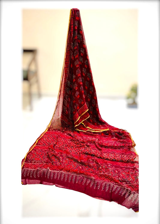 Pure Double Diamond Chiffon Handblock Print Saree- Red