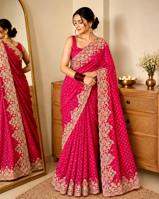 Pink Bandhani Pittan Work Georgette Saree