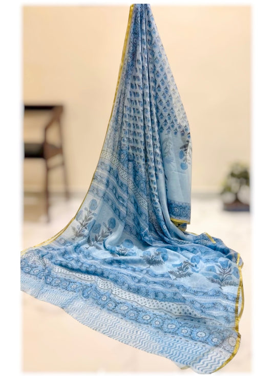 Pure Double Diamond Chiffon Handblock Print Saree- Blue