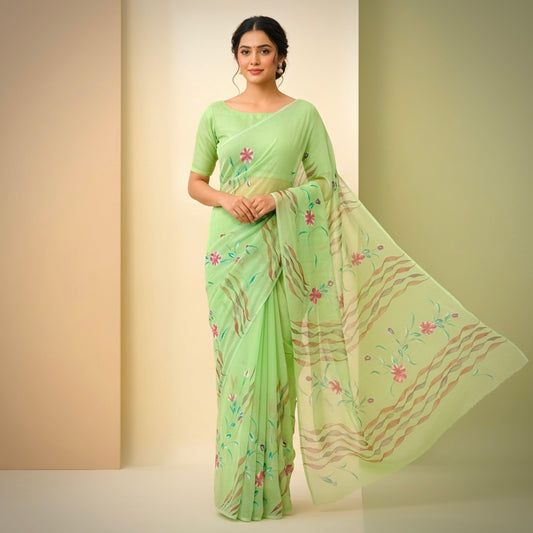 Pure Chiffon Hand Painted Saree- Green