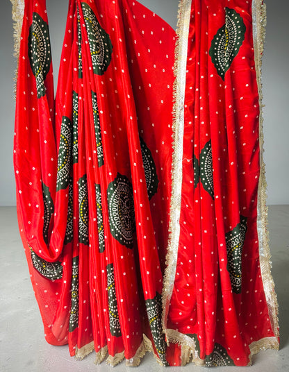 Bandhani Saree Laddu Bandhej- Red
