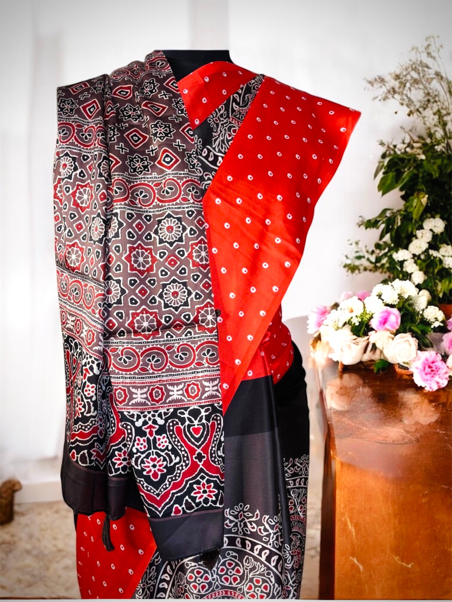 Red Modal Silk Handblock Ajrak Saree