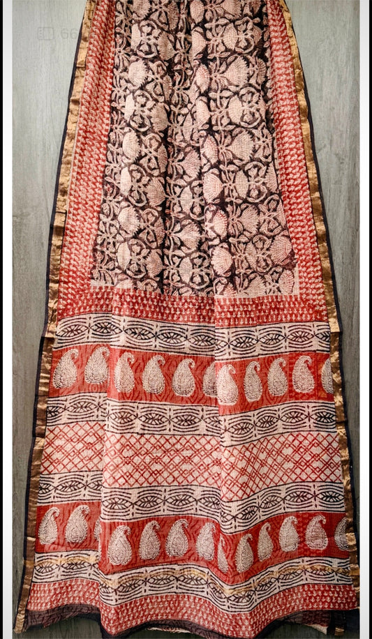 Kota Doria Pure Handloom Hand-block Print Saree- Maroon