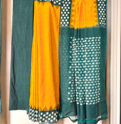 Pochampally Ikat Pure Handloom Mercerised Cotton Saree- Green Yellow