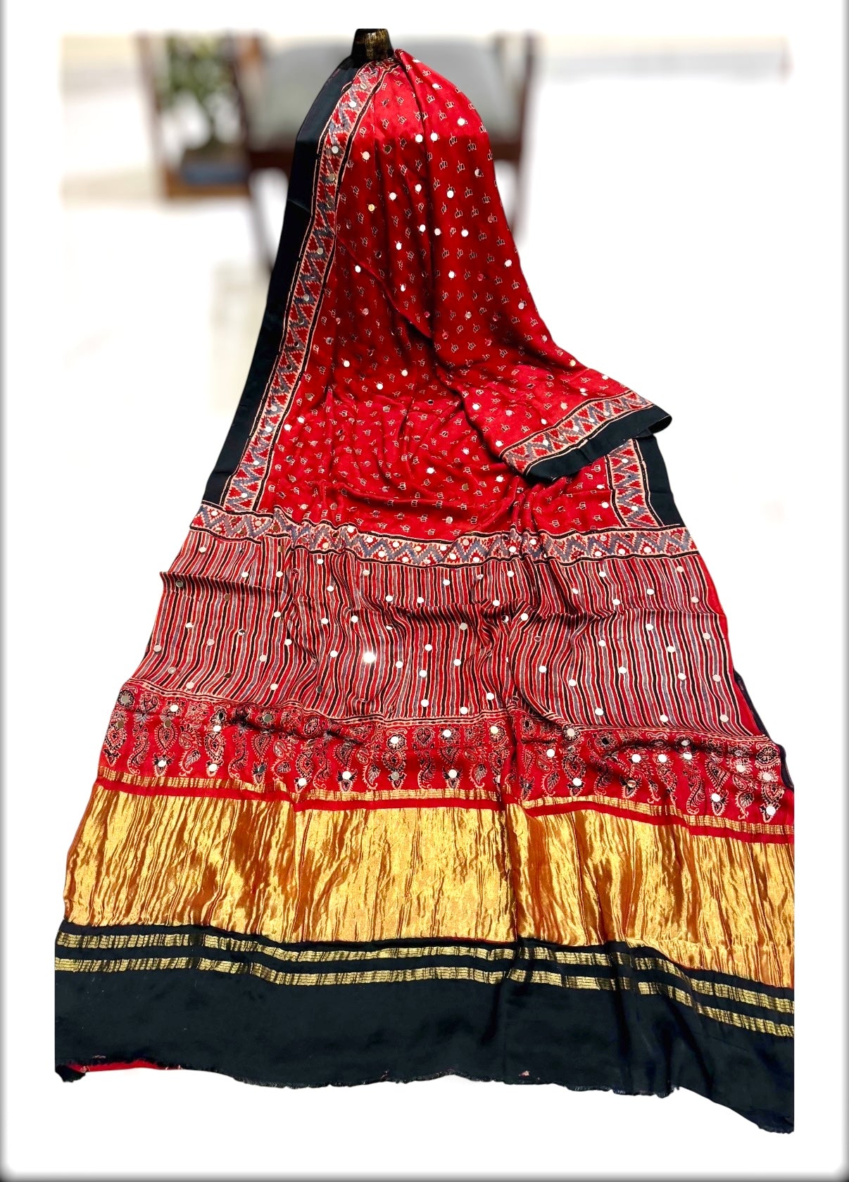 Pure Modal Handblock Ajrakh Mirror Work Saree- Red