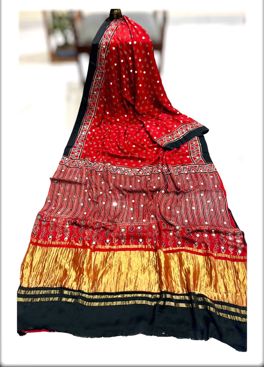 Pure Modal Handblock Ajrakh Mirror Work Saree- Red