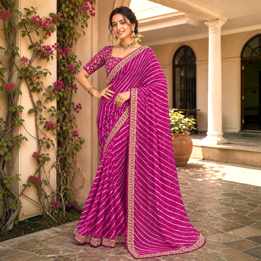 Fuchsia Pink Chiffon Lehariya Saree with Designer Embroidered blouse